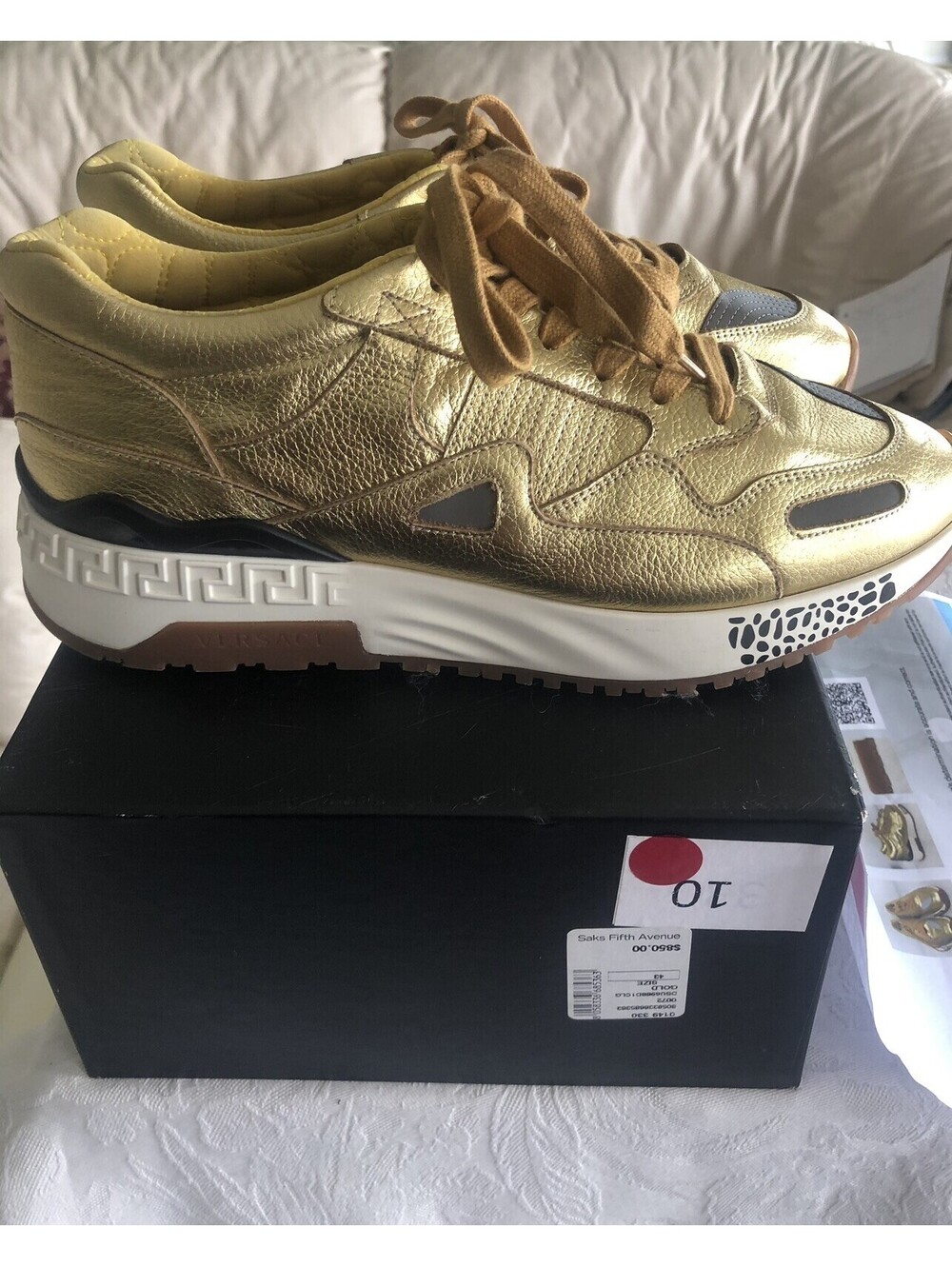 Versace Men's Gold Lace Up Sneakers Size 43 (US 10) with Box with COA
